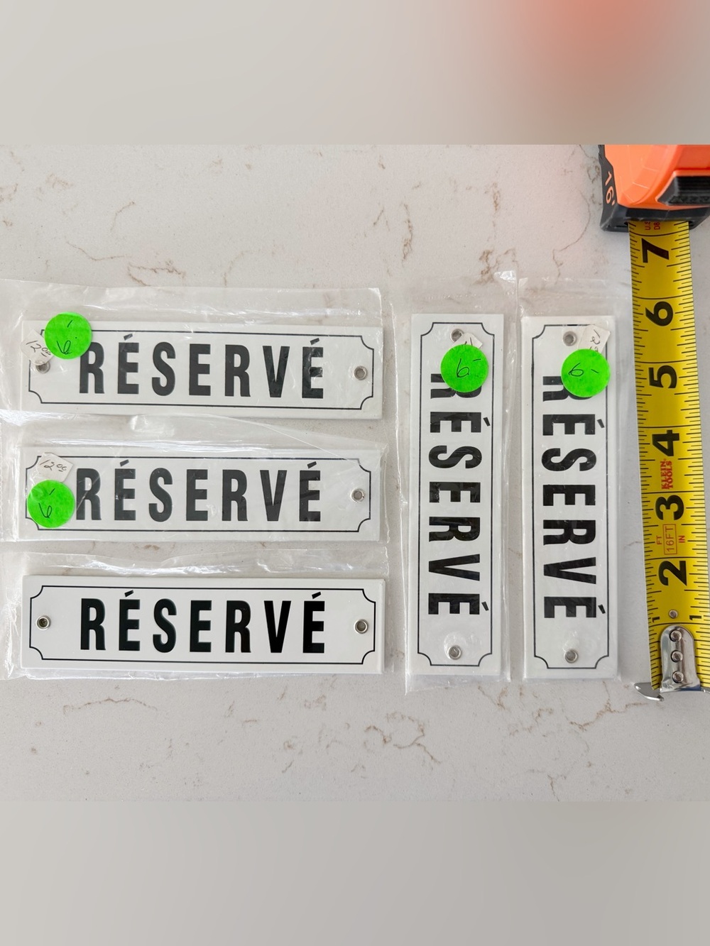 NEW Set of 5 metal enamel painted French “Réservé” placards.